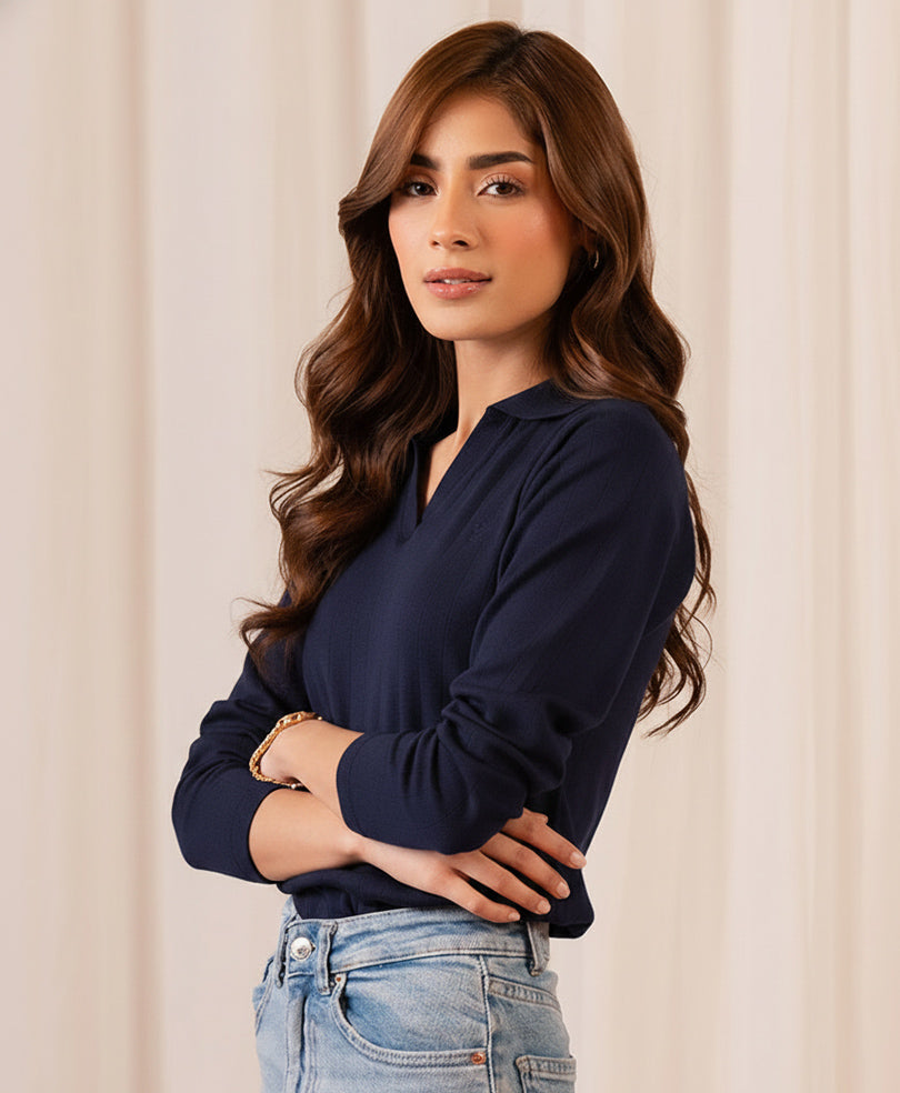 Navy V-Neck Drop Needle POLO (Women)