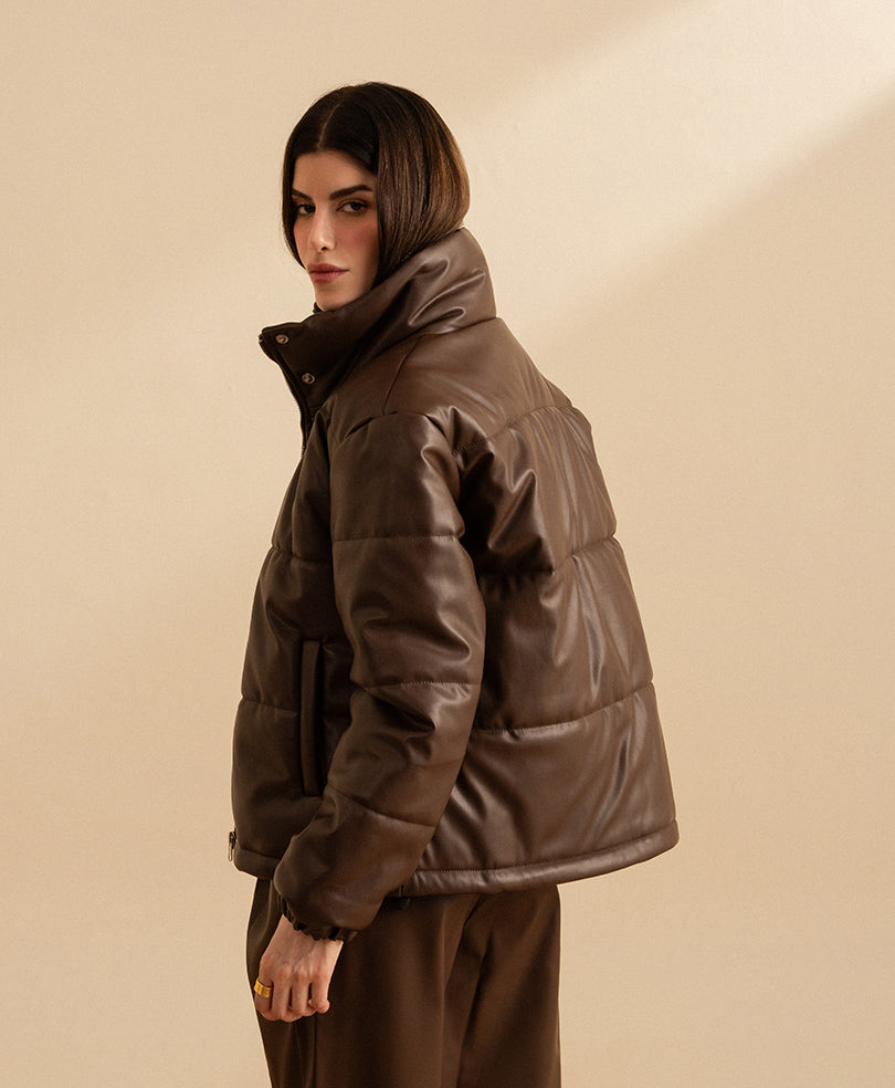 Brown Leather Puffer Jacket (Women)