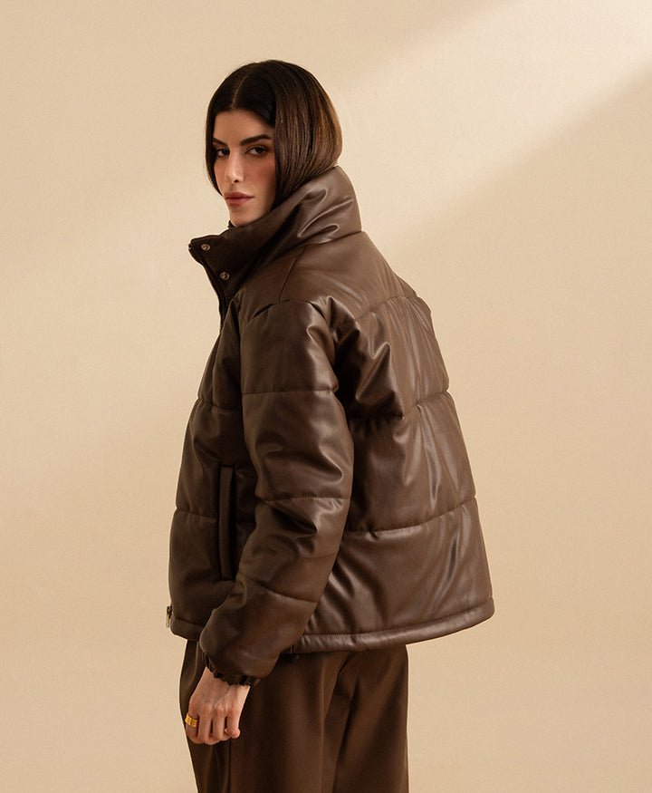 Brown Leather Puffer Jacket (Women)
