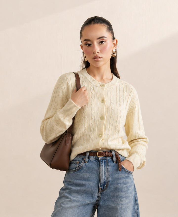 Butter Yellow Cable Knit Cardigan (Women)