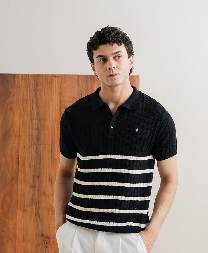 Black Striped Cable Knit POLO