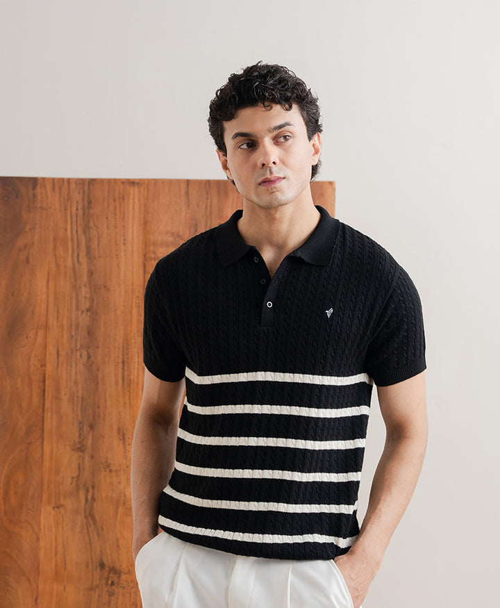 Black Striped Cable Knit POLO