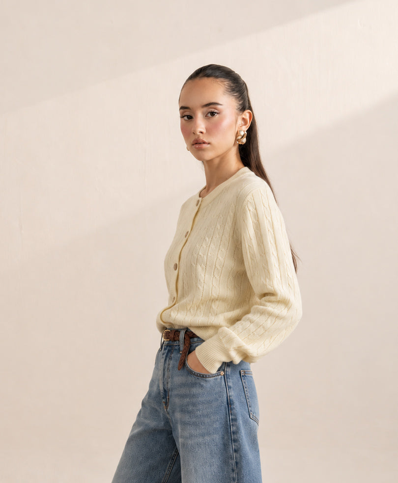 Butter Yellow Cable Knit Cardigan (Women)