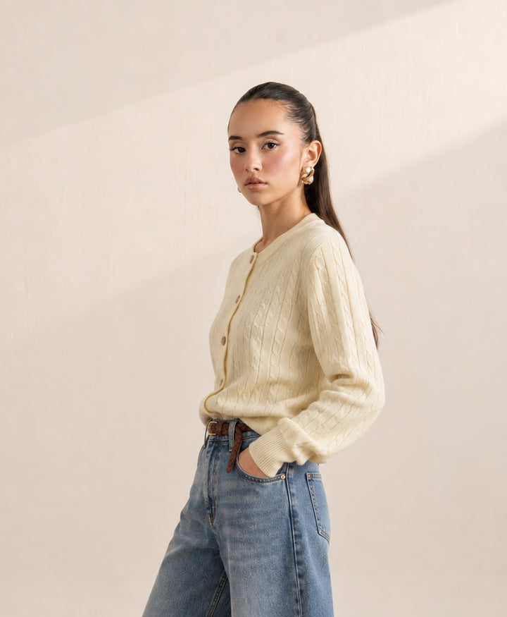 Butter Yellow Cable Knit Cardigan (Women)