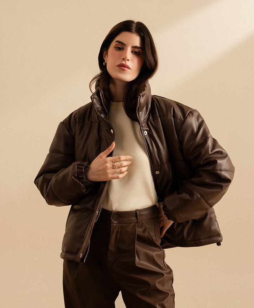 Brown Leather Puffer Jacket (Women)