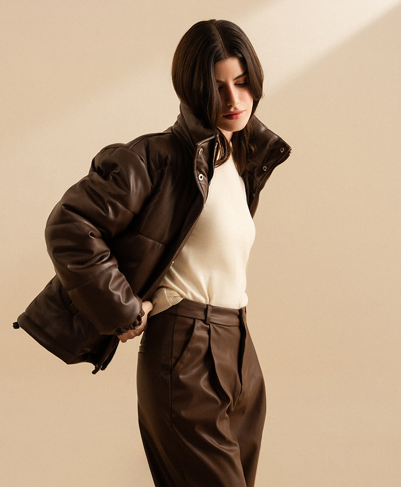 Brown Leather Puffer Jacket (Women)