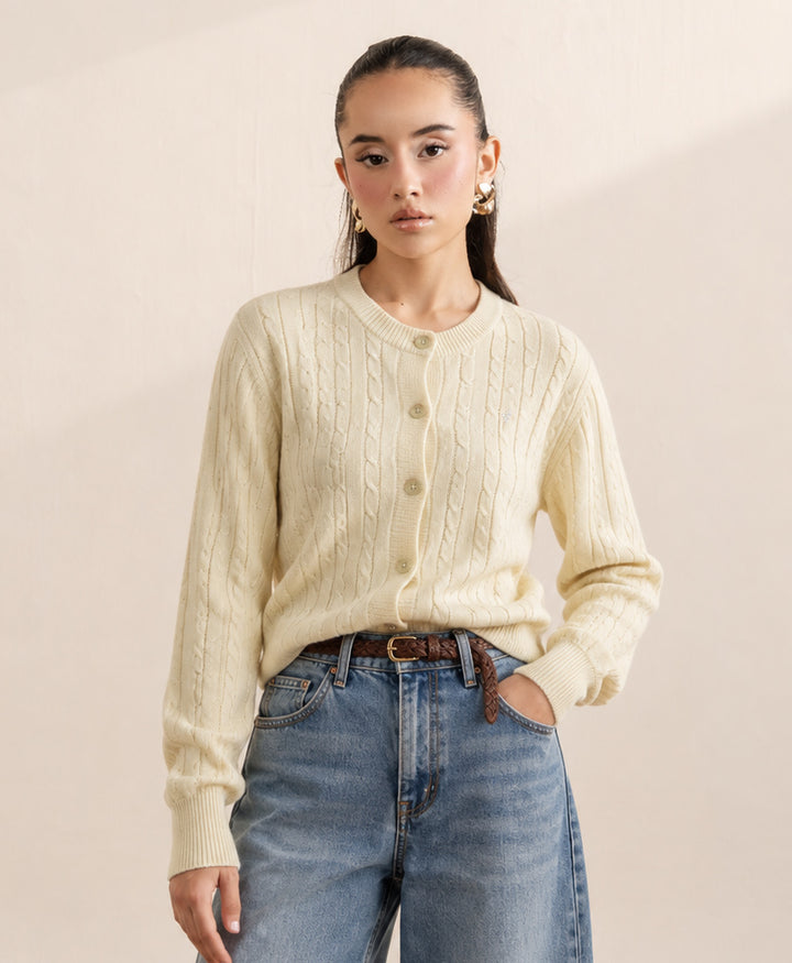 Butter Yellow Cable Knit Cardigan (Women)
