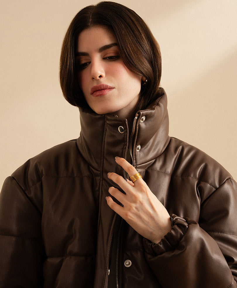 Brown Leather Puffer Jacket (Women)