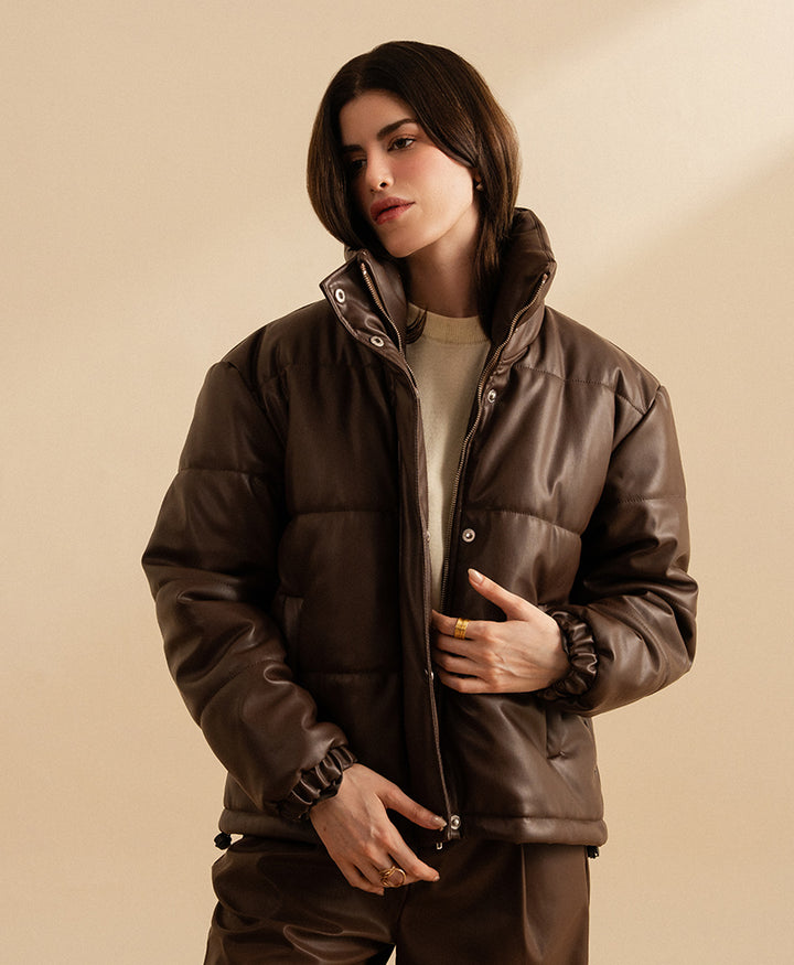 Brown Leather Puffer Jacket (Women)