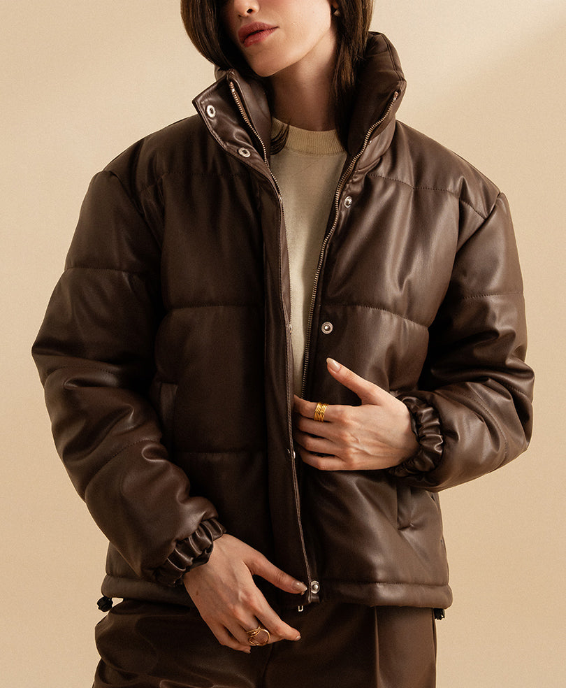 Brown Leather Puffer Jacket (Women)