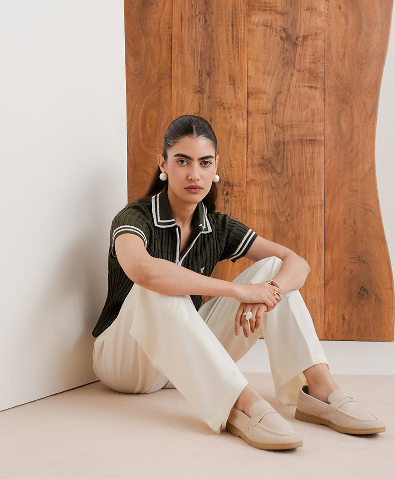 Olive Cable Knit Zip POLO (Women)