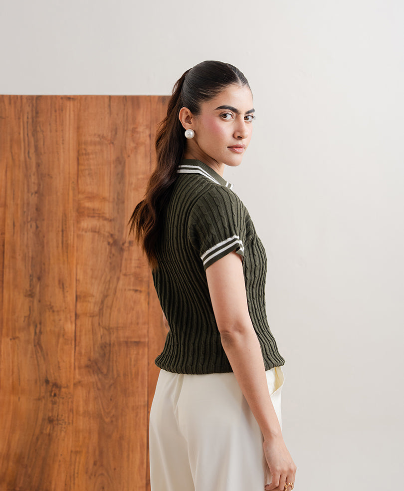 Olive Cable Knit Zip POLO (Women)