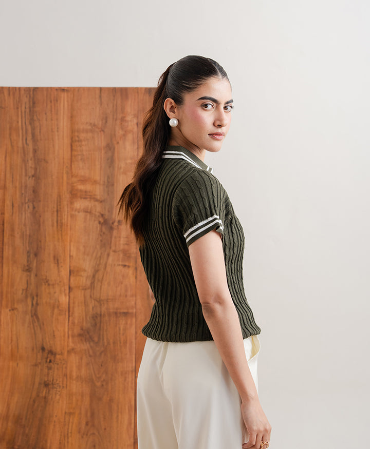 Olive Cable Knit Zip POLO (Women)