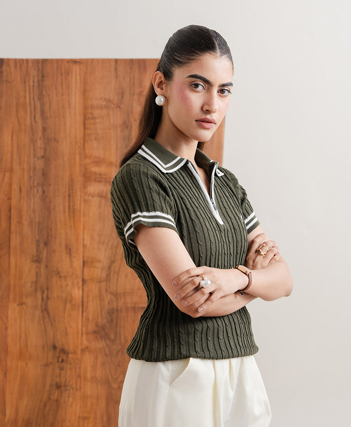 Olive Cable Knit Zip POLO (Women)