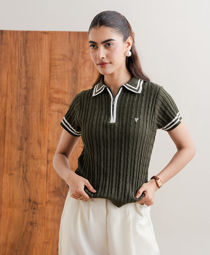 Olive Cable Knit Zip POLO (Women)