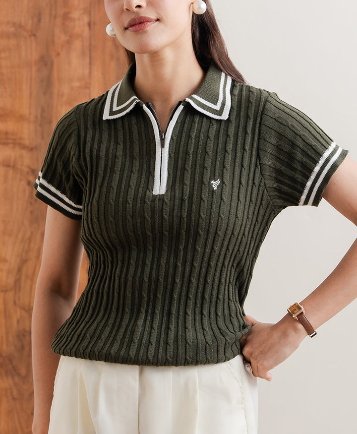Olive Cable Knit Zip POLO (Women)