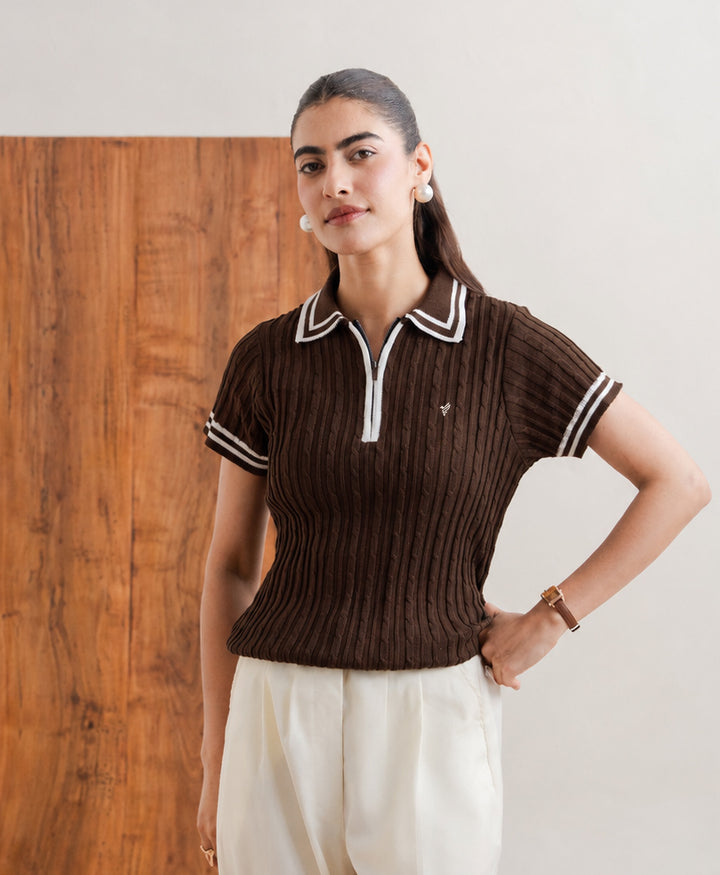 Brown Cable Knit Zip POLO (Women)