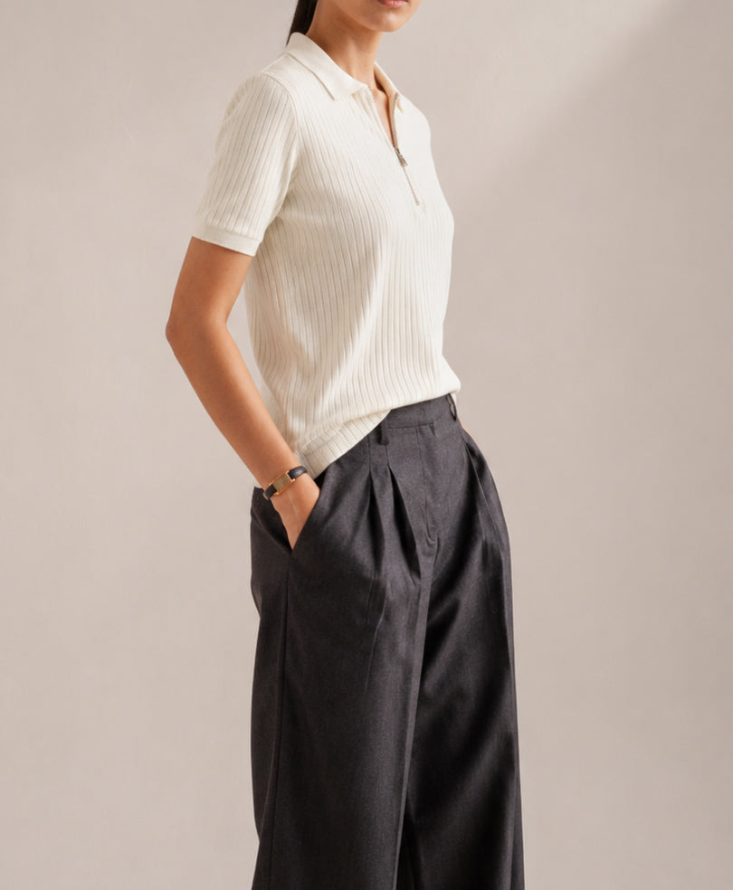 Sand Fine Drop Needle Zip POLO (Women)
