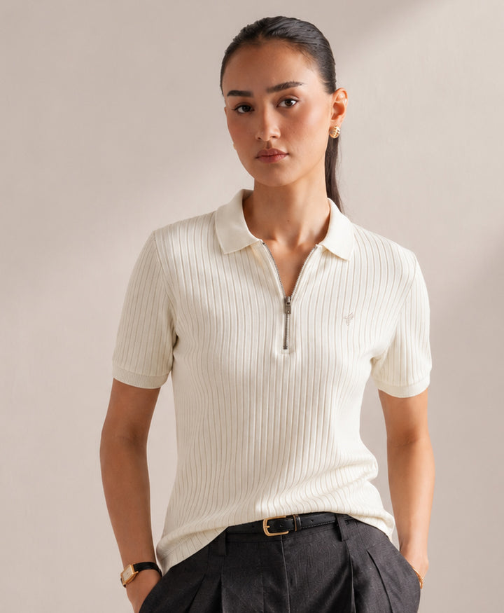 Sand Fine Drop Needle Zip POLO (Women)