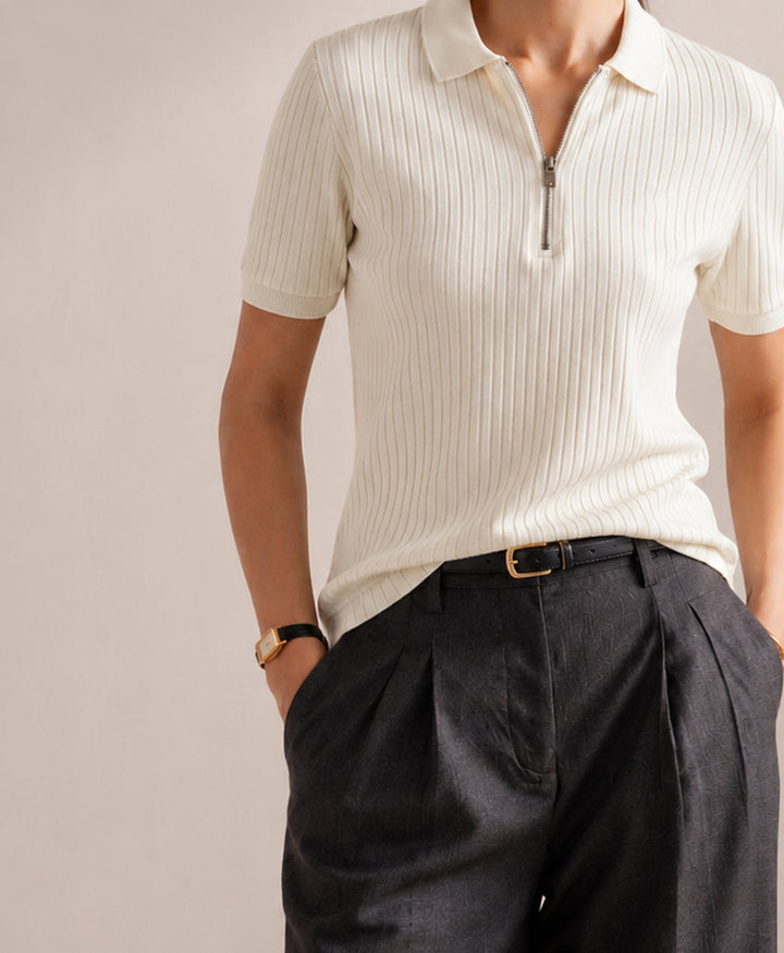 Sand Fine Drop Needle Zip POLO (Women)