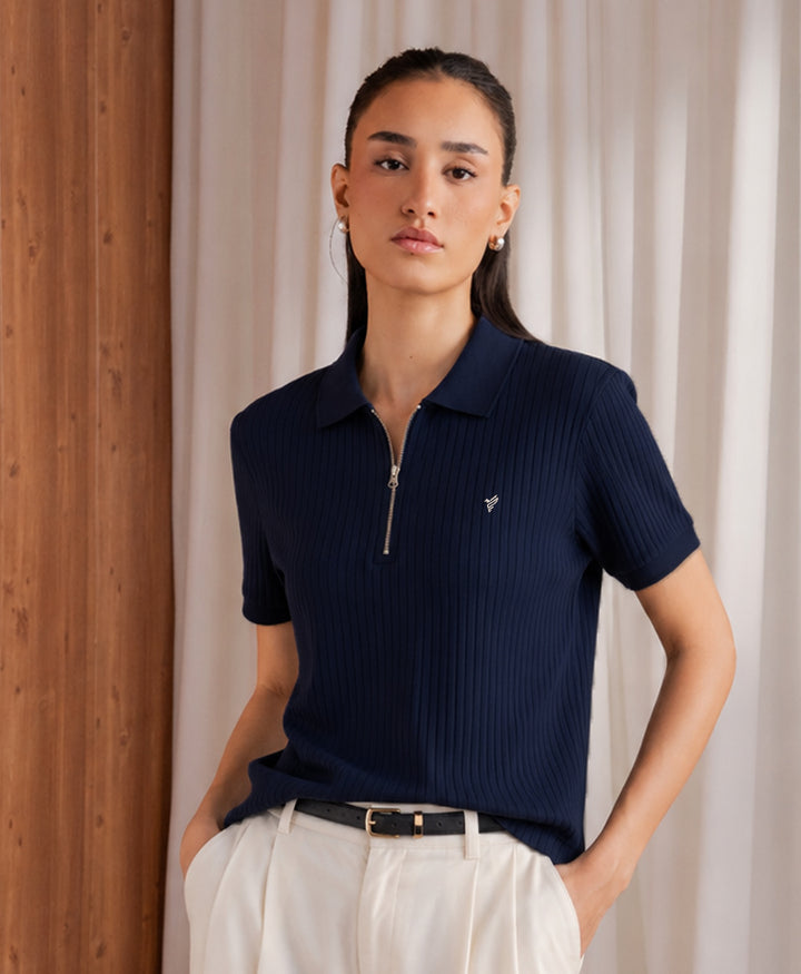 Navy Fine Drop Needle Zip POLO (Women)