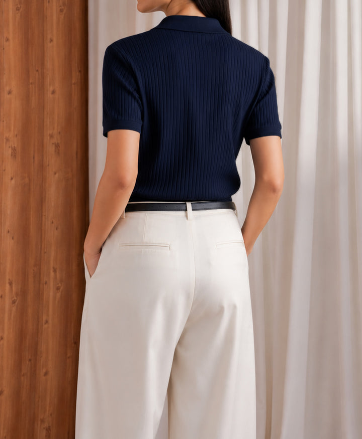 Navy Fine Drop Needle Zip POLO (Women)
