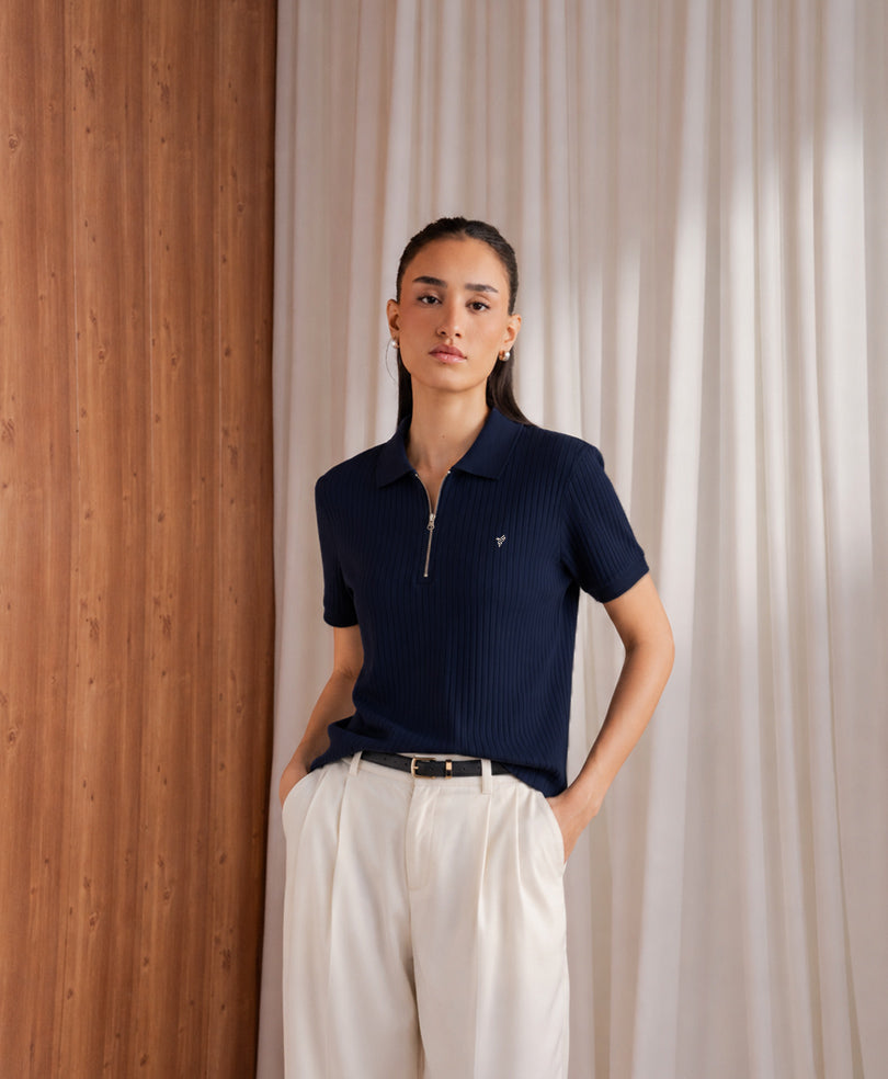 Navy Fine Drop Needle Zip POLO (Women)