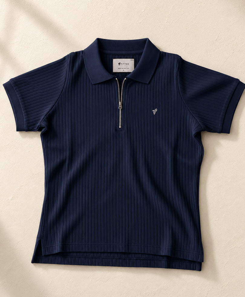 Navy Fine Drop Needle Zip POLO (Women)