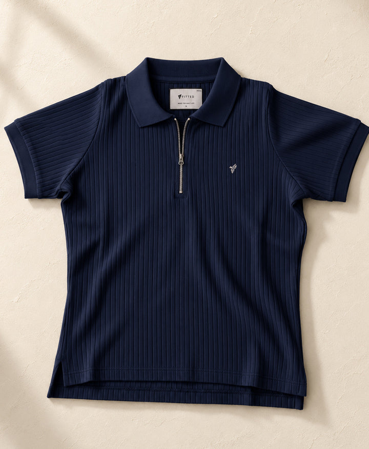Navy Fine Drop Needle Zip POLO (Women)