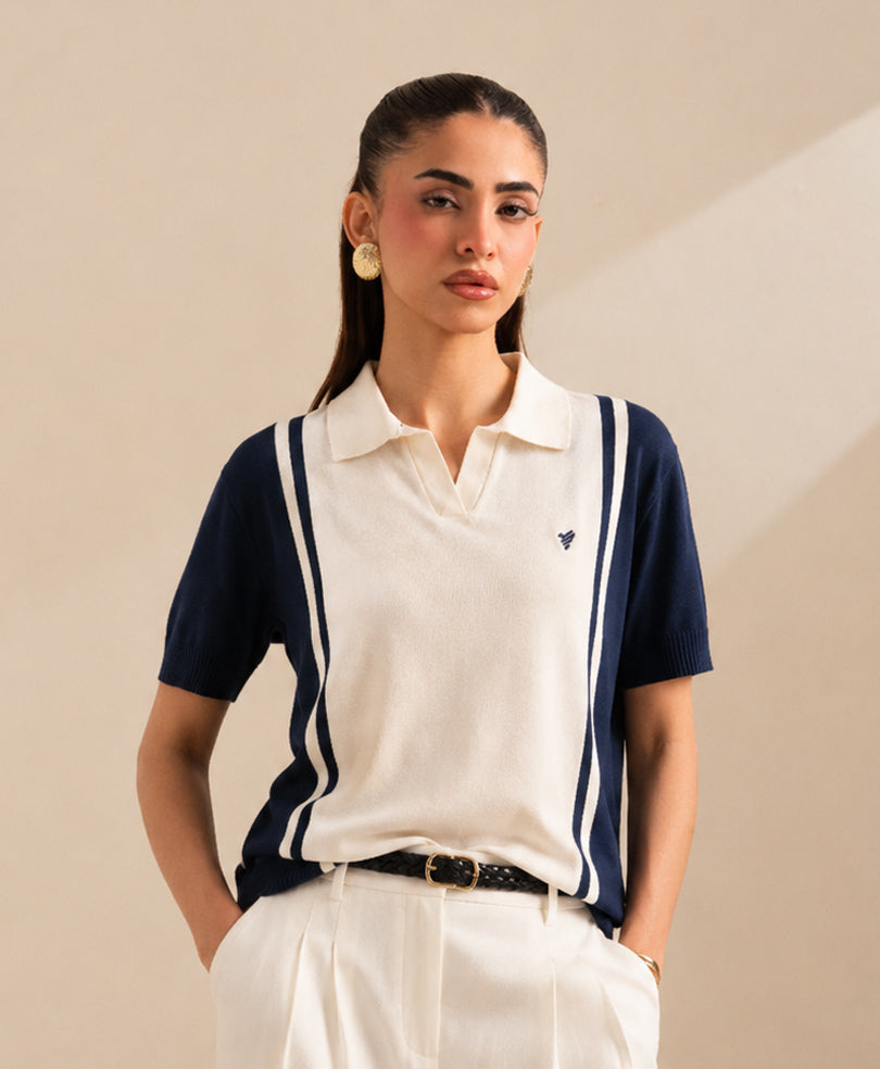 DK Navy & Tofu Knitted POLO (Women)