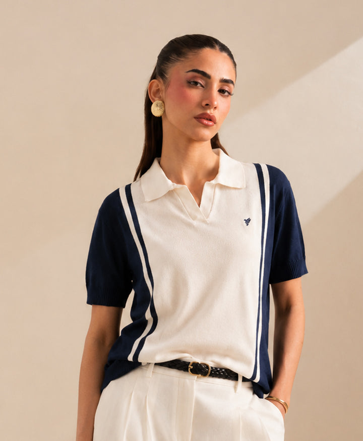 DK Navy & Tofu Knitted POLO (Women)