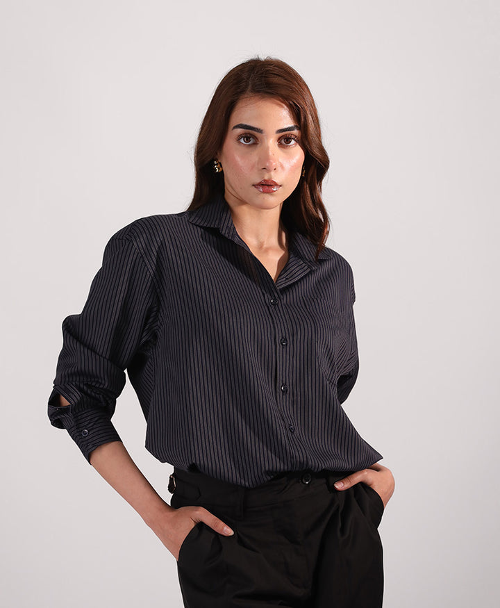 Navy Pocketed Striped Shirt (Women)