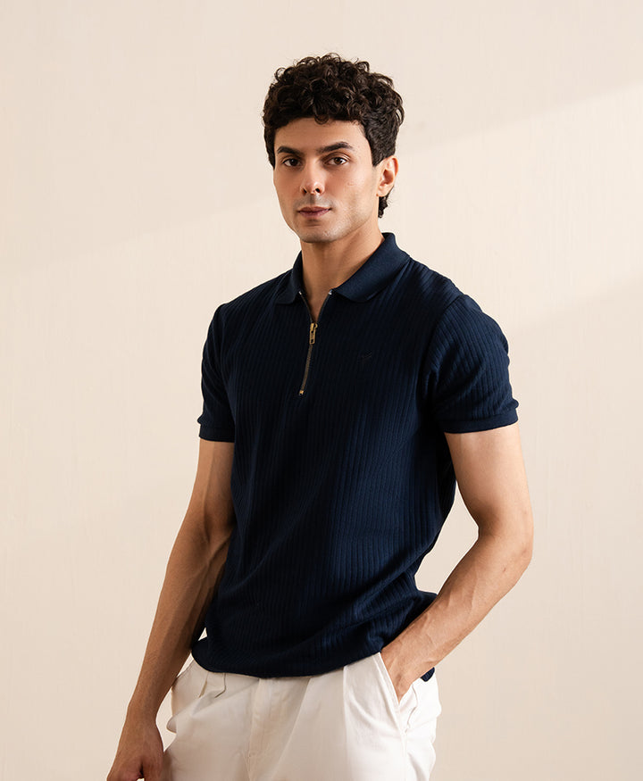 Navy Fine Drop Needle Zip POLO
