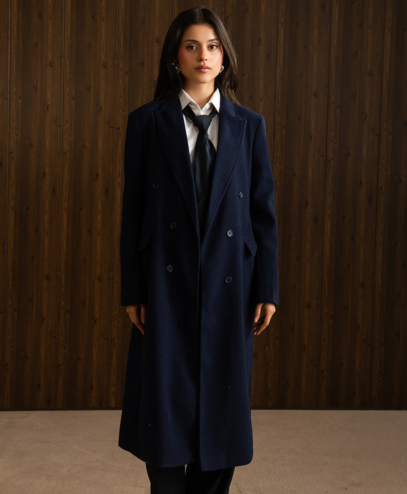 Navy Double Breasted Long Coat (Women)