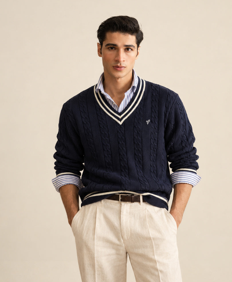 Navy Crimson Cable Knit Sweater