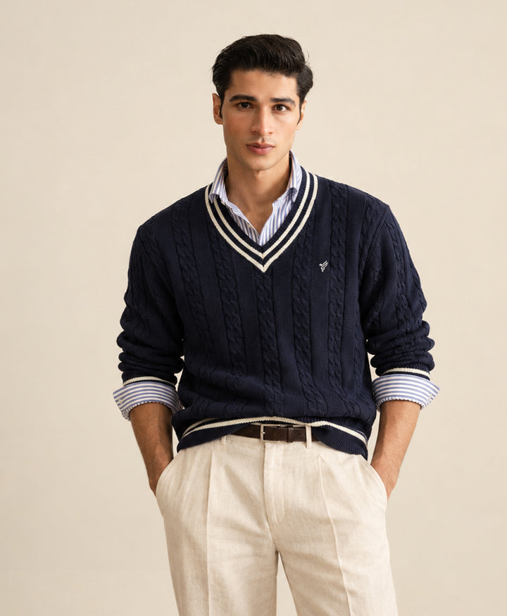 Navy Crimson Cable Knit Sweater