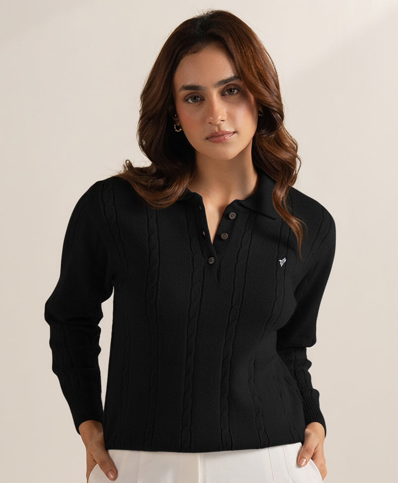 Black Polo Cable Knit Sweater (Women)