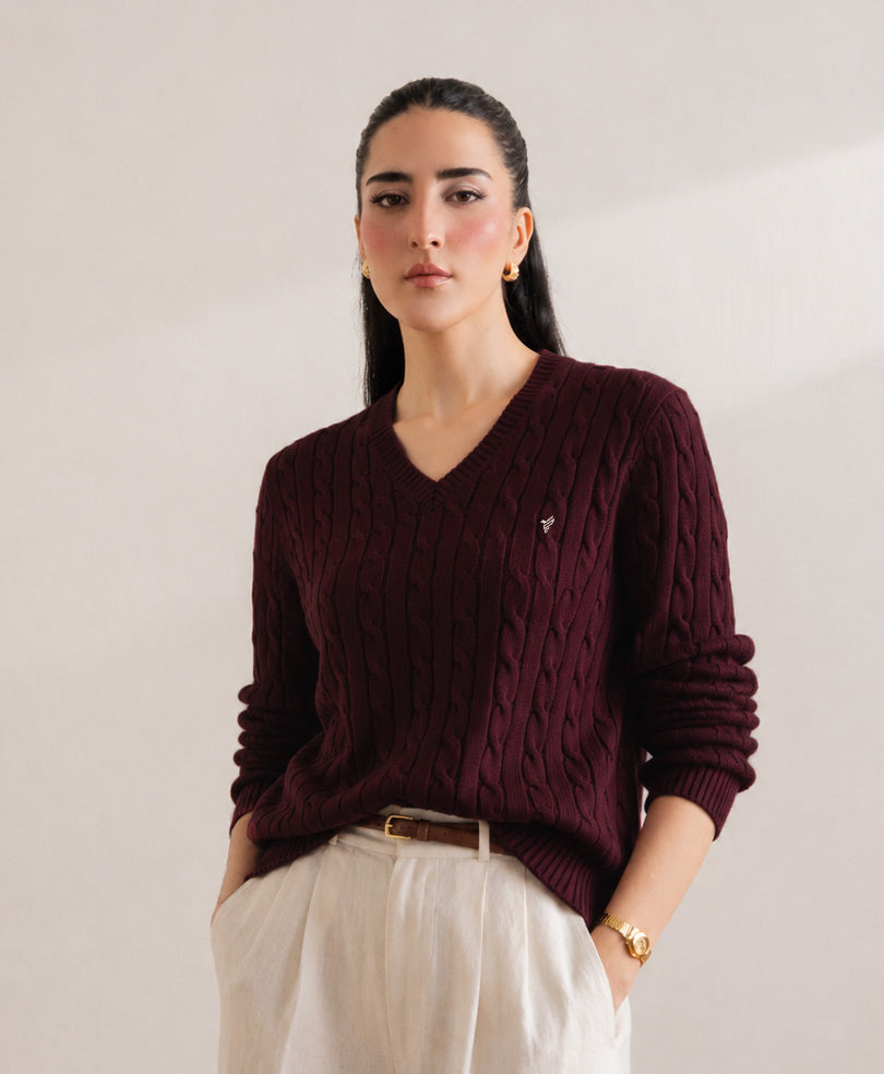 Burgundy V-Neck Cable Knit Sweater (Women)