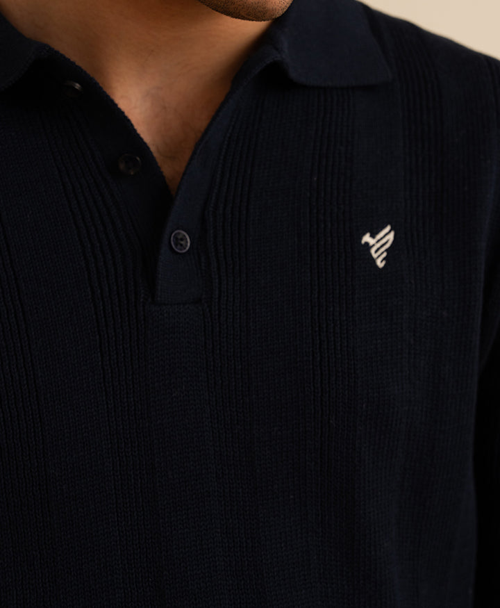 Dk Navy Ribbed Knit POLO Sweater