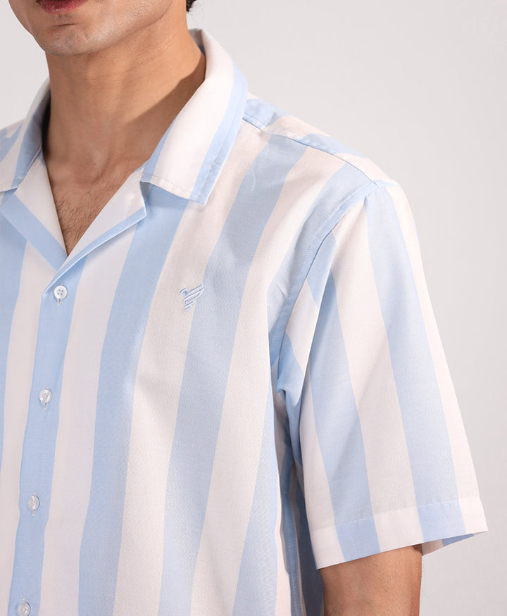 White & Lt Blue Striped Cuban Shirt