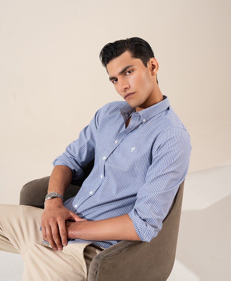 Blue Thin White Stripe Shirt (Slim / Modern Fit)