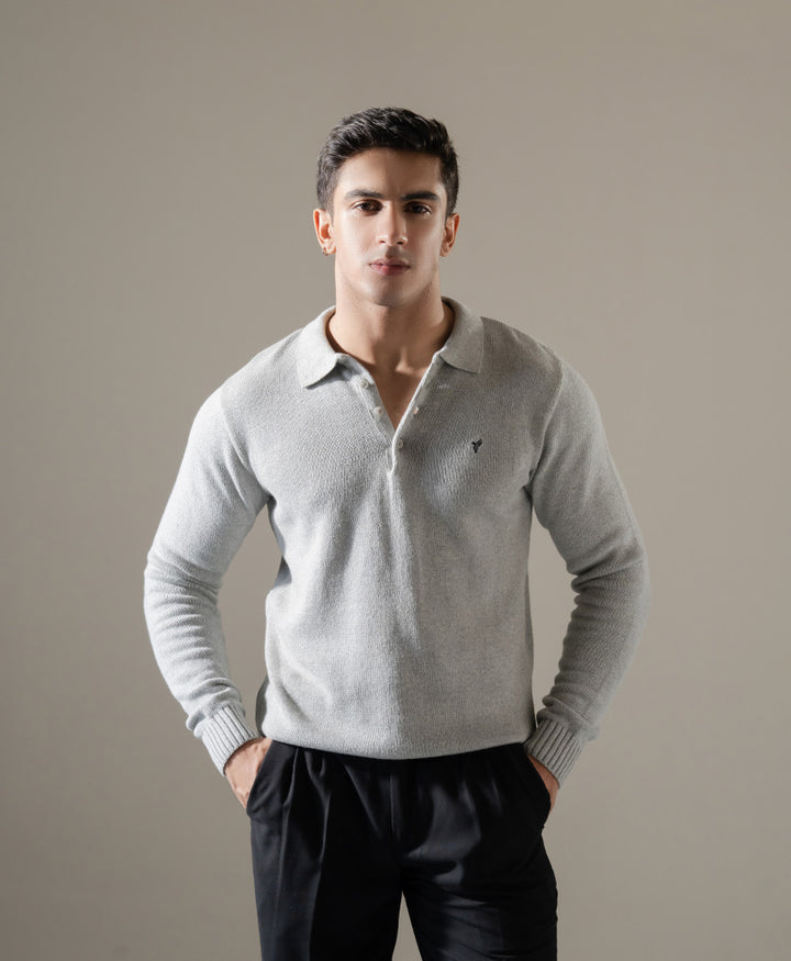 Grey Knitted Full Sleeves POLO