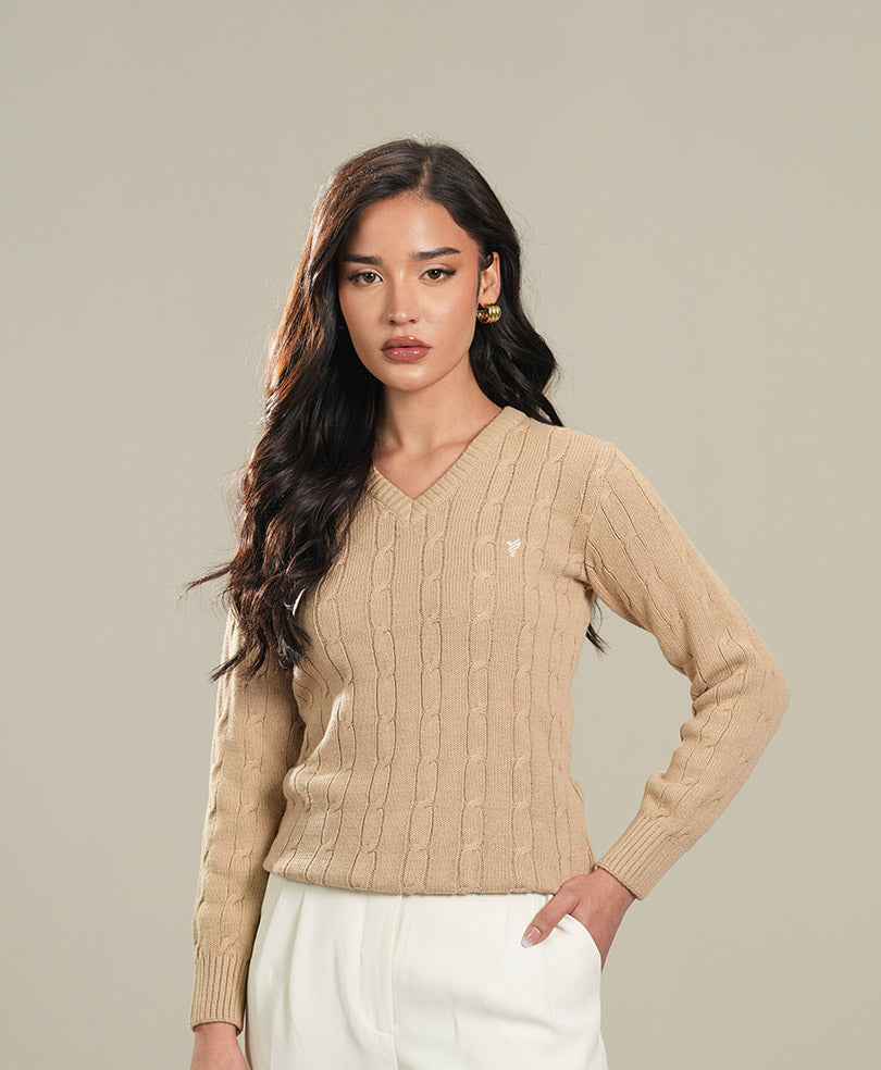 Khaki V-Neck Cable Knit Sweater (Women)