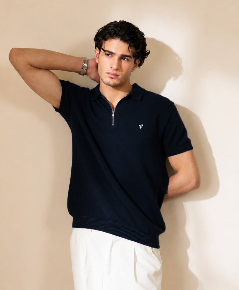 Black Mesh knit Zip POLO