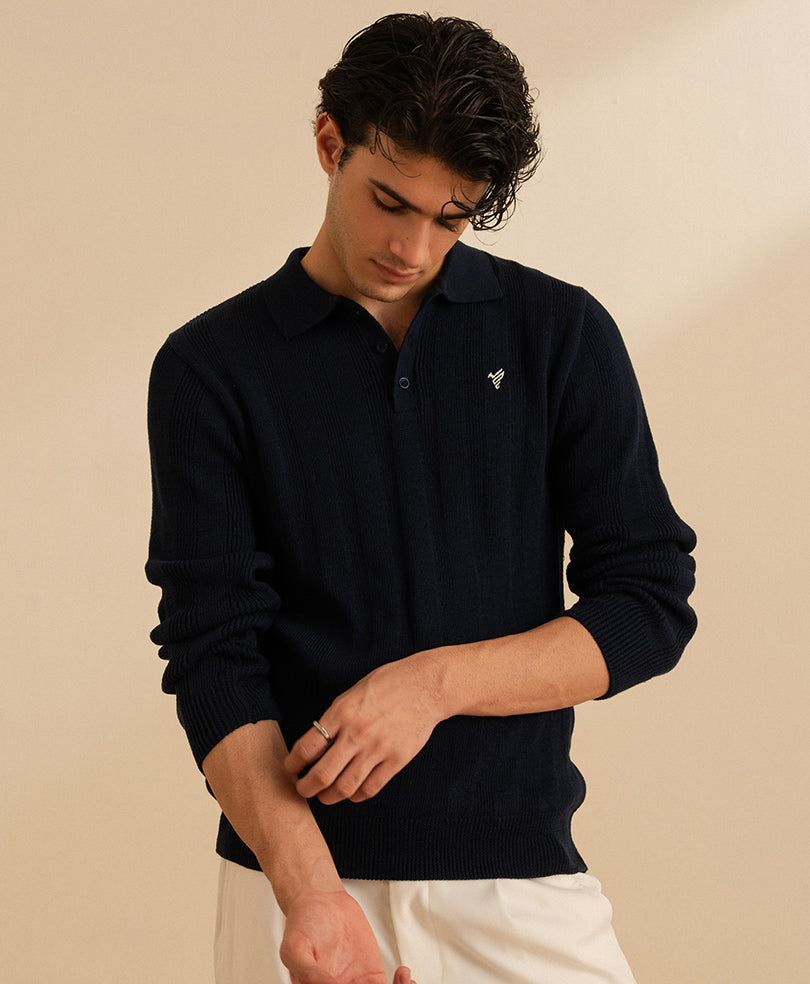 Dk Navy Ribbed Knit POLO Sweater