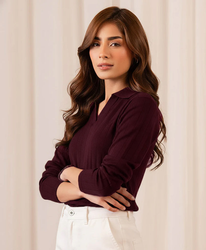 Burgundy V-Neck Drop Needle POLO (Women)