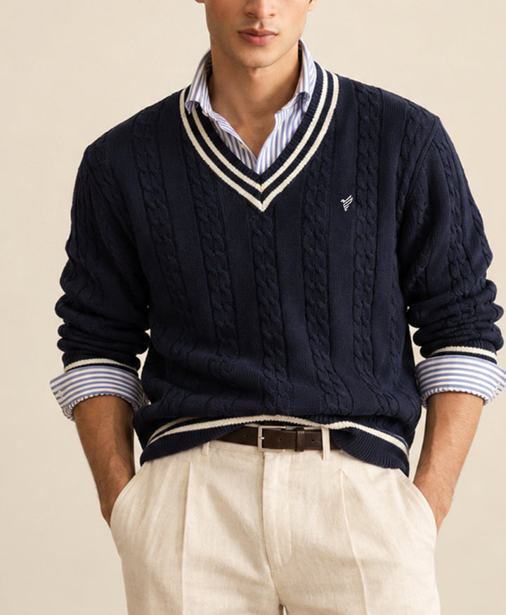 Navy Crimson Cable Knit Sweater
