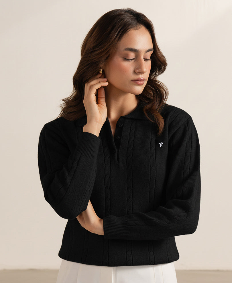 Black Polo Cable Knit Sweater (Women)