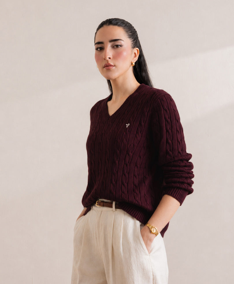 Burgundy V-Neck Cable Knit Sweater (Women)