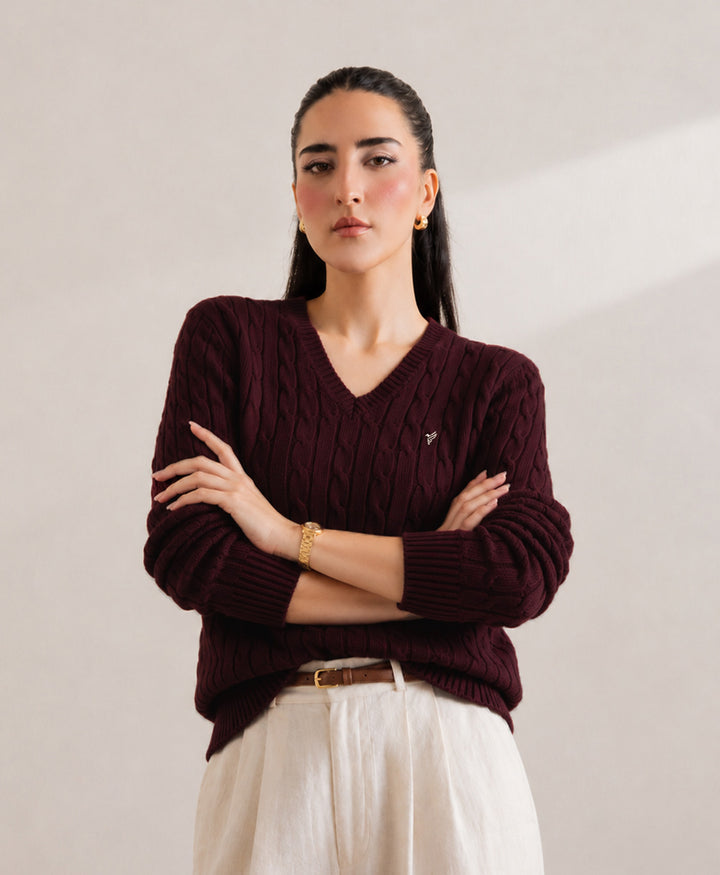 Burgundy V-Neck Cable Knit Sweater (Women)